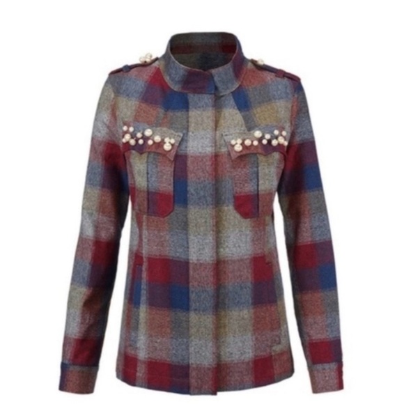 CABI 3555 Plaid Collage Pearl Accent Full Zip Topper Jacket Women’s Size Large - Picture 2 of 11